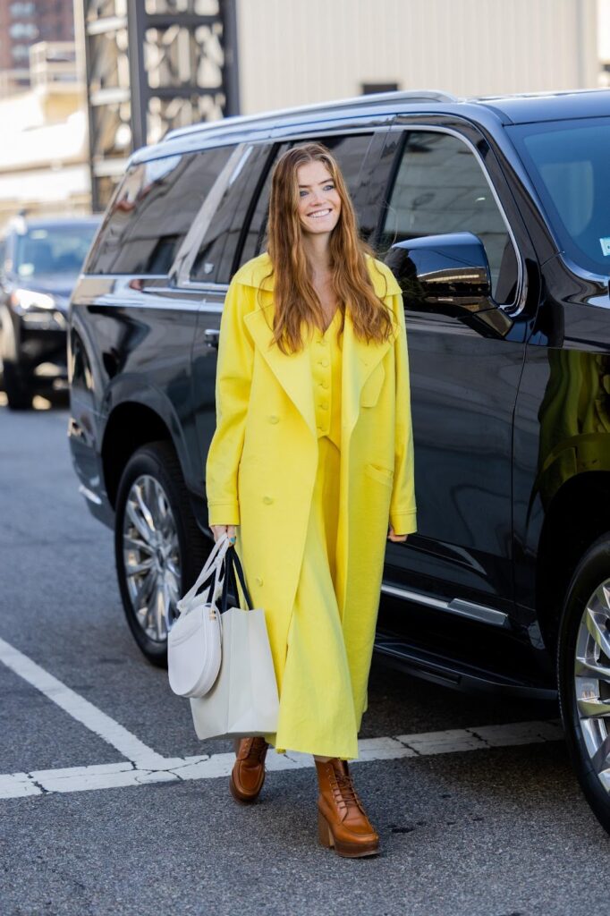 Жінка у жовтому total look і коричневих ботильйонах на каблуку-стовпчику.